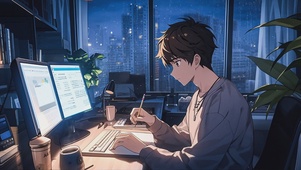 雨夜专注学习的男孩