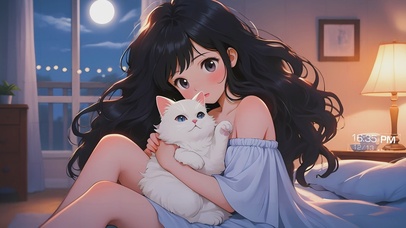 4K夜晚抱着猫的美少女