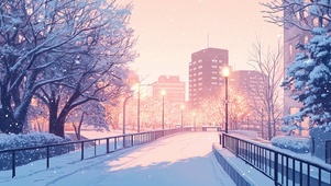 朦胧晚霞中的雪景