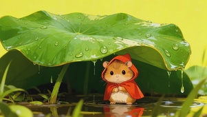 荷叶躲雨的鼠宝
