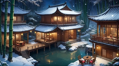 竹林夜晚雪中小院