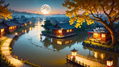 国风插画江南水乡夜晚古镇