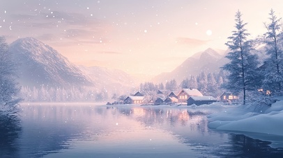 冬季高山湖泊小镇