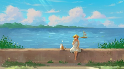 河边的女孩与猫