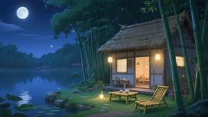 夜晚茅草小屋
