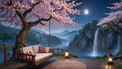 夜晚樱花树下秋千