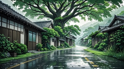 下雨古镇街道
