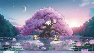 浪漫樱花荷塘线条小狗