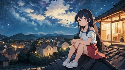 夜晚乘凉女孩治愈可爱