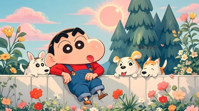 春天院墙上的小新