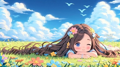 趴在草地里的女孩