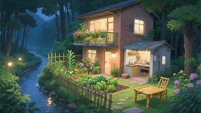 夜晚溪边菜园小屋