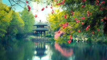 唯美花朵湖边亭