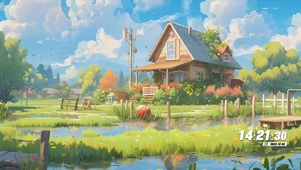 护眼蓝天白云房屋绿景