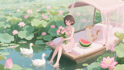 荷塘女孩与猫咪