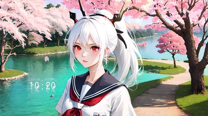 樱花湖畔白发少女