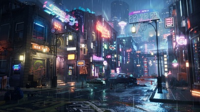 赛博朋克雨夜城市街道