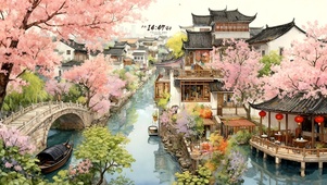 樱花雨天古镇