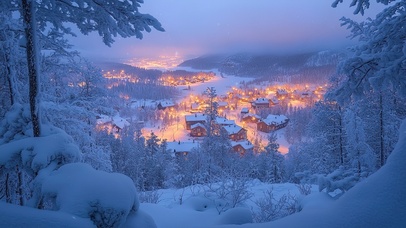 北欧雪原村庄夜景
