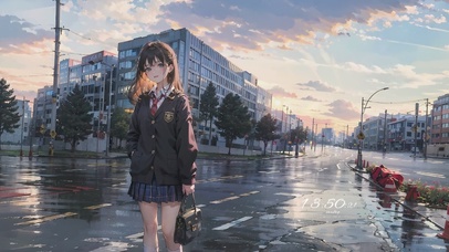 雨后晚霞街道少女