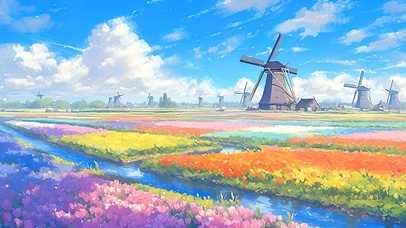 唯美治愈风车花海