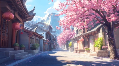 春日粉色花瓣古城风景