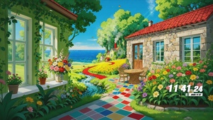 海景蓝天白云树木花园景色