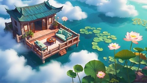 湖中薄雾荷花小屋