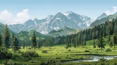 山下的治愈绿色草原溪流