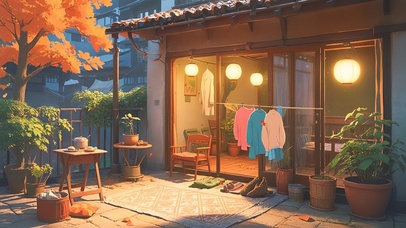 秋天晾衣服的小院