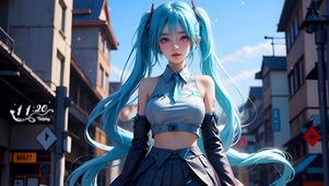 蓝发清新街道少女
