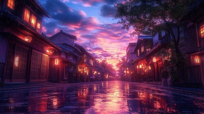 浪漫紫色月夜古镇