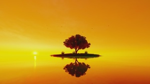 夕阳意境湖面倒影小树