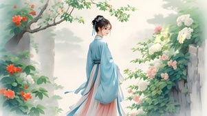 绿色护眼古风美女手绘花朵插画5