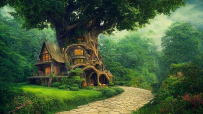 治愈护眼雨天绿林魔法树屋