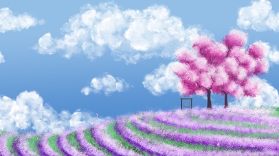 熏衣草小坡上的樱花树