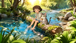 溪边男孩猫咪