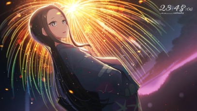 夜空烟火下的和服少女