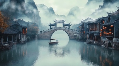 朦胧高山下的水乡小镇