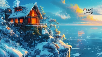 雪景海边小屋