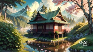 4K治愈唯美插画山间木屋