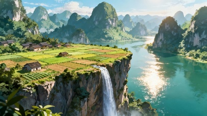 悬崖边的瀑布村庄