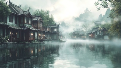 朦胧水乡阴天建筑