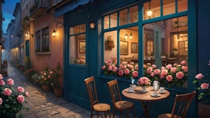 夜晚小巷玫瑰咖啡店