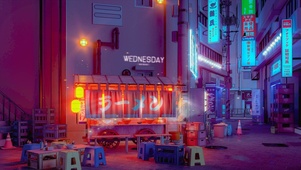 赛博朋克夜晚街道小面摊
