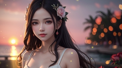 傍晚海边玫瑰花美少女