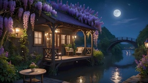 月夜紫藤花小屋