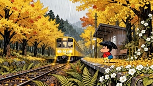 火车站旁躲雨的蜡笔小新