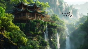 山间瀑布凉亭