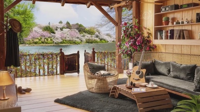 唯美治愈春季湖边庭院